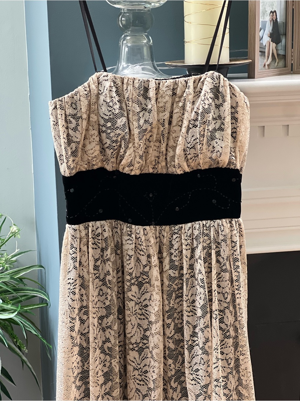 Spaghetti Strap Lace Dress with Black Velvet Waistband 6